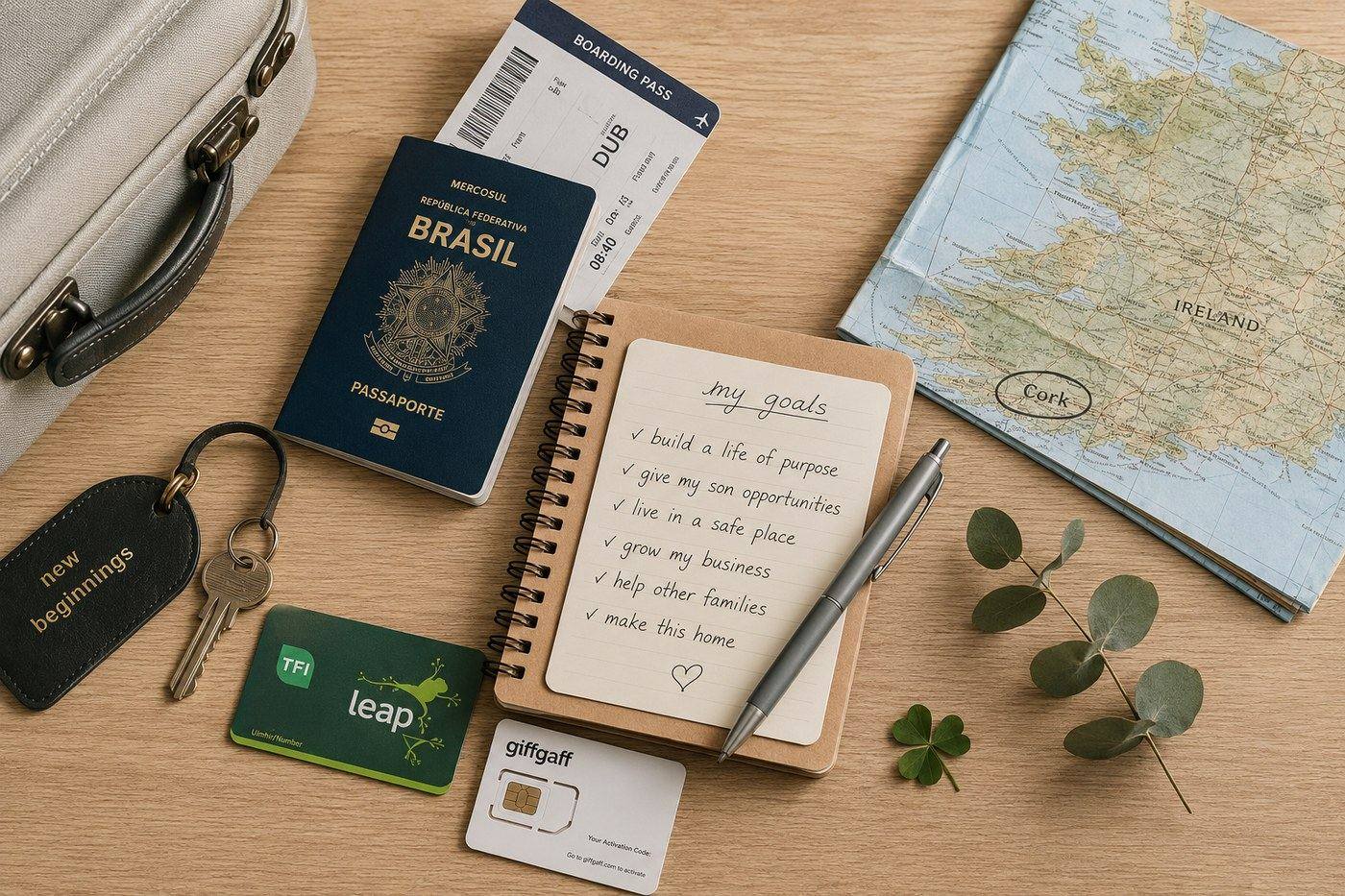 Flatlay of a Brazilian passport, boarding pass, Leap card, and a notebook with goals for a new life in Ireland