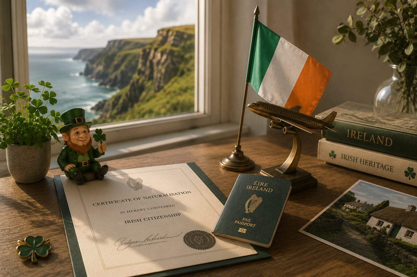 An Irish certificate of naturalisation and Irish passport on a desk beside an Irish flag, with the coast visible through the window