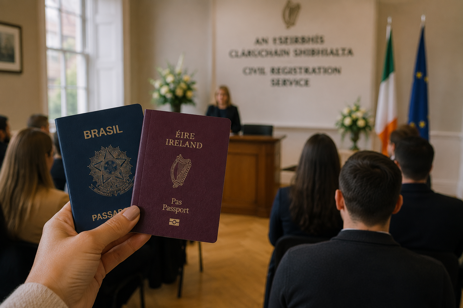 Brazilian and Irish passports held up at a citizenship ceremony in the Civil Registration Service, representing Ireland's changing citizenship rules in 2026
