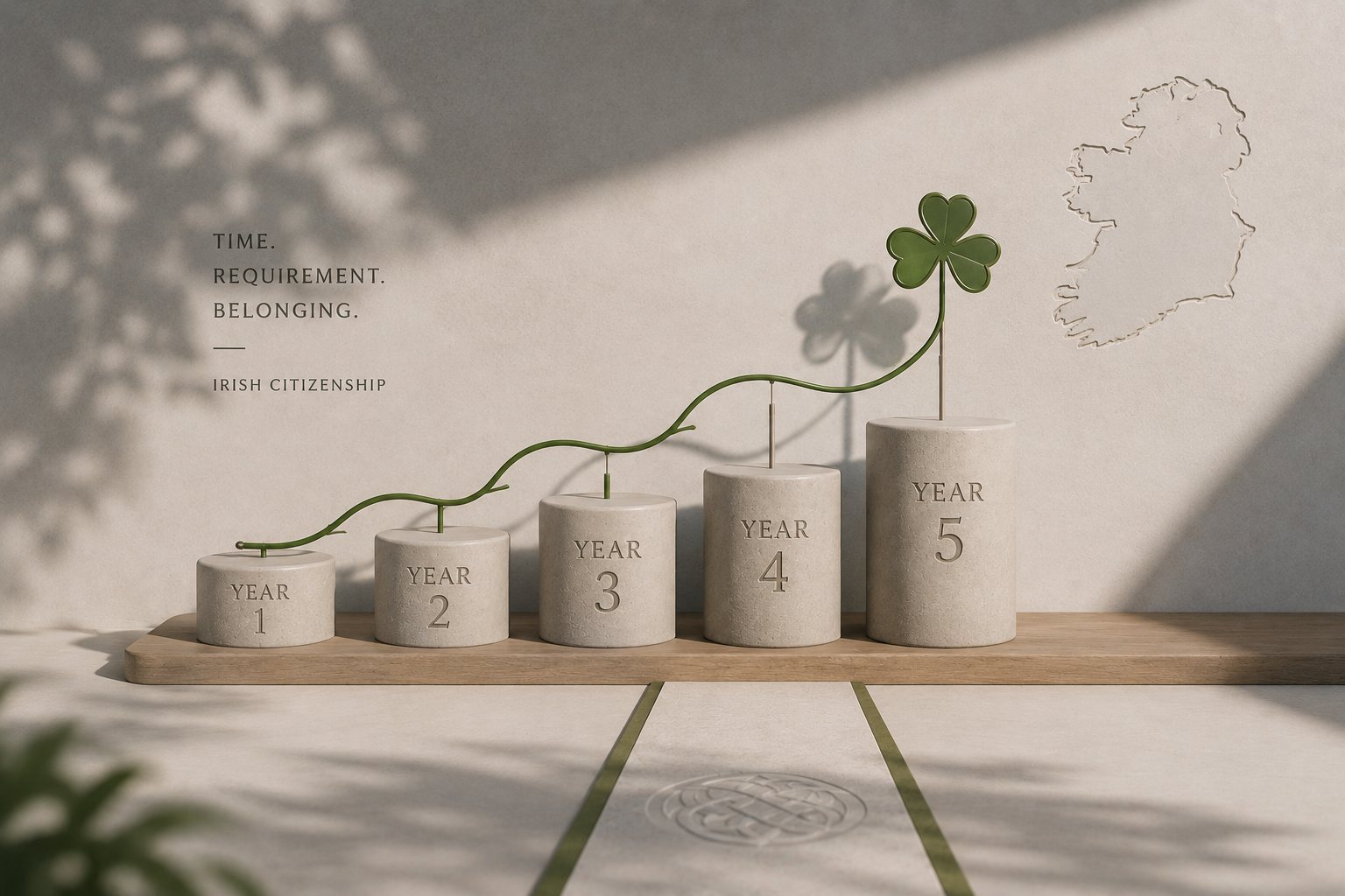 Five stone markers labelled year one to year five, with a shamrock growing along them and an outline of Ireland on the wall