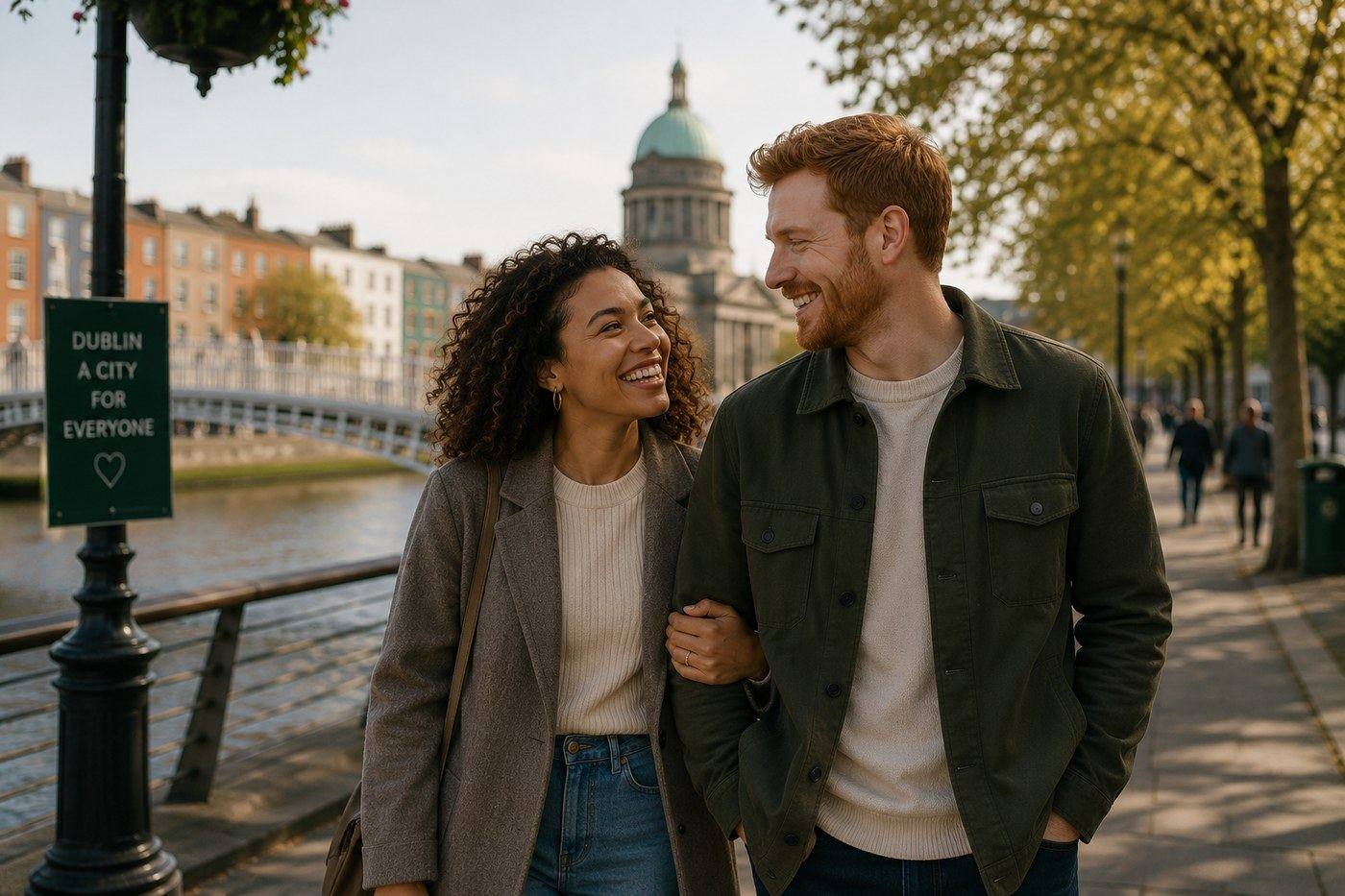 Couple walking along the Liffey in Dublin, representing a De Facto Partnership