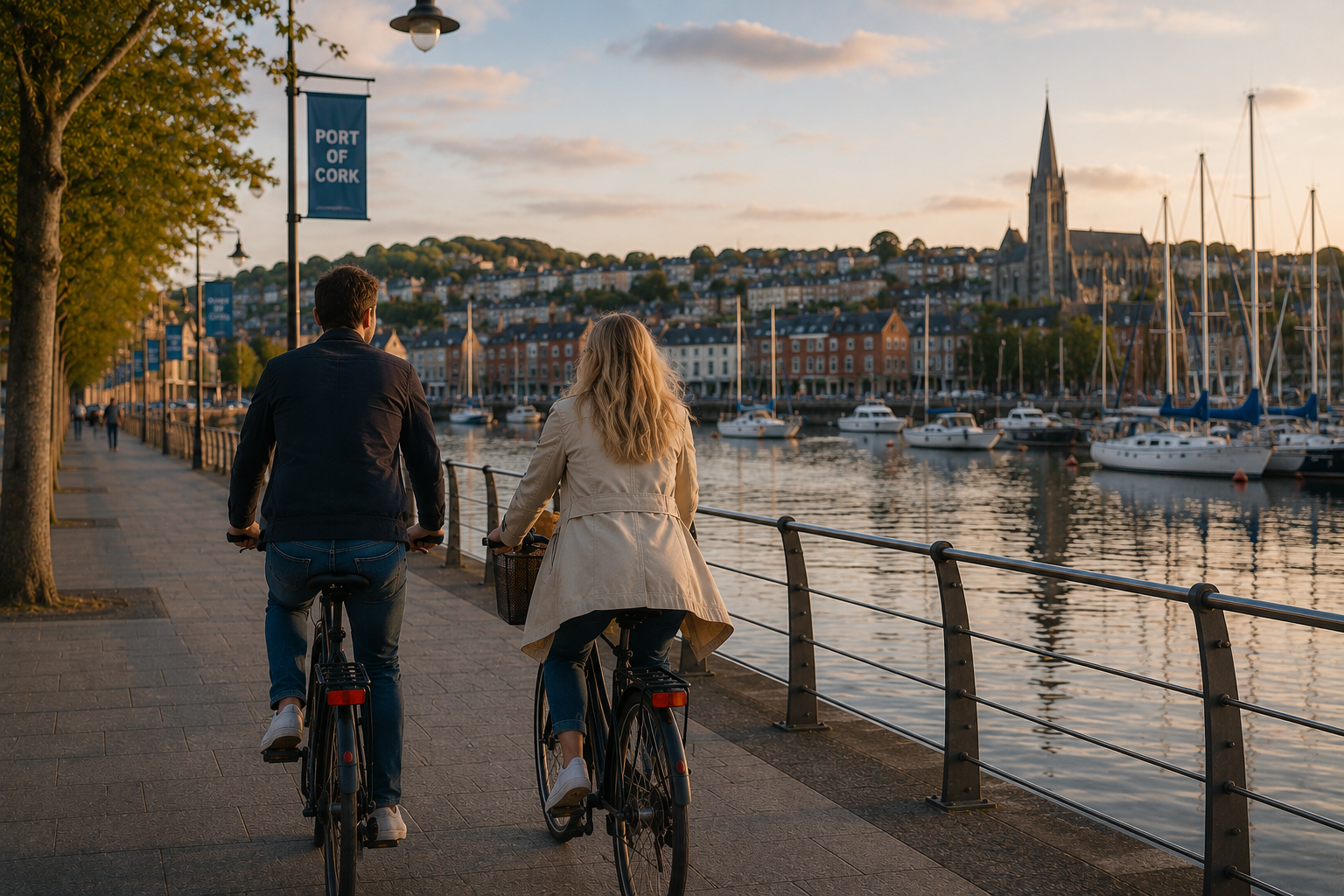 Couple cycling together along Cork harbour, representing evidence of a genuine relationship for a Stamp 4 spouse of Irish citizen application