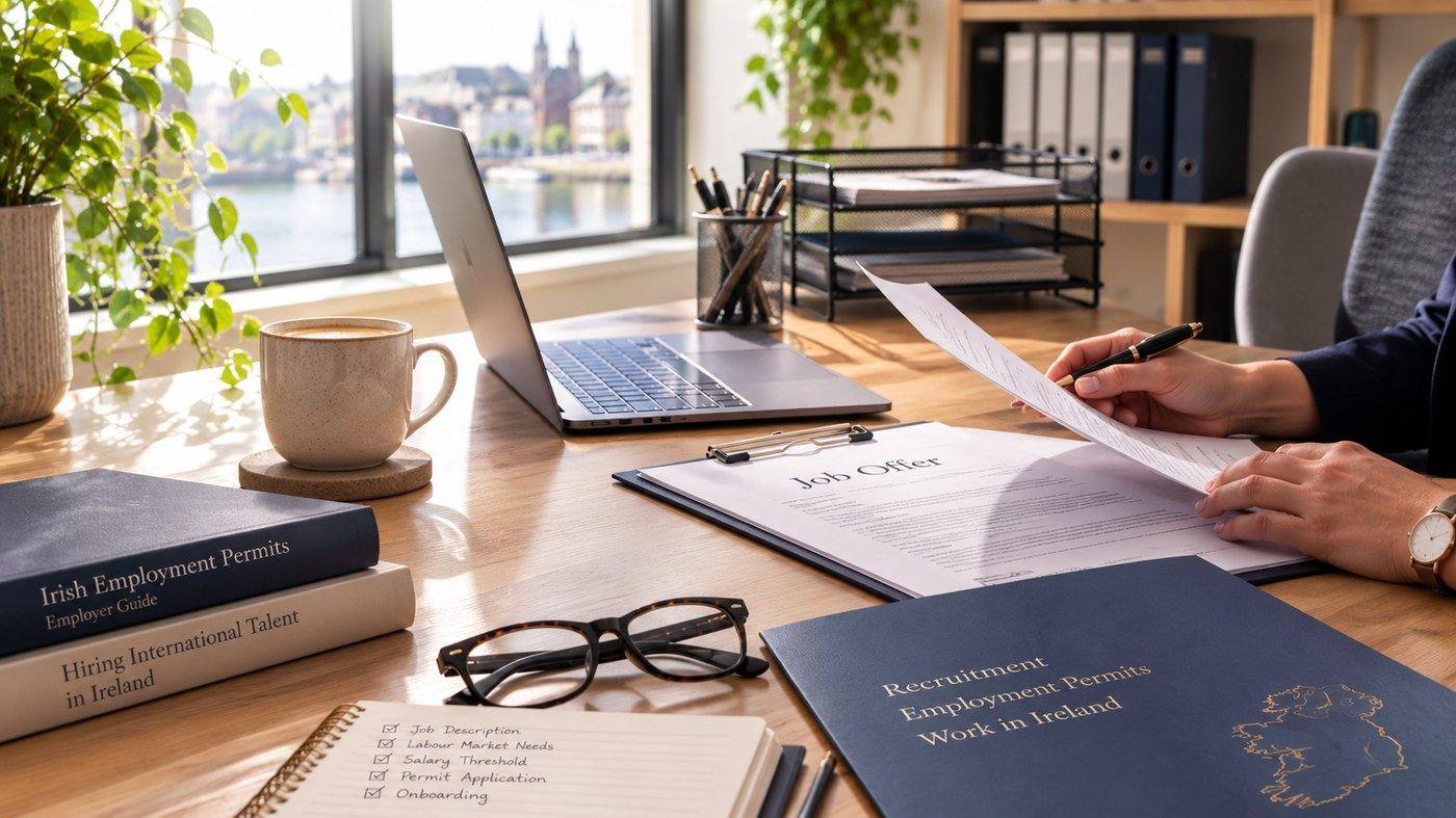 Employer's desk with a job offer letter, representing a General Employment Permit sponsorship