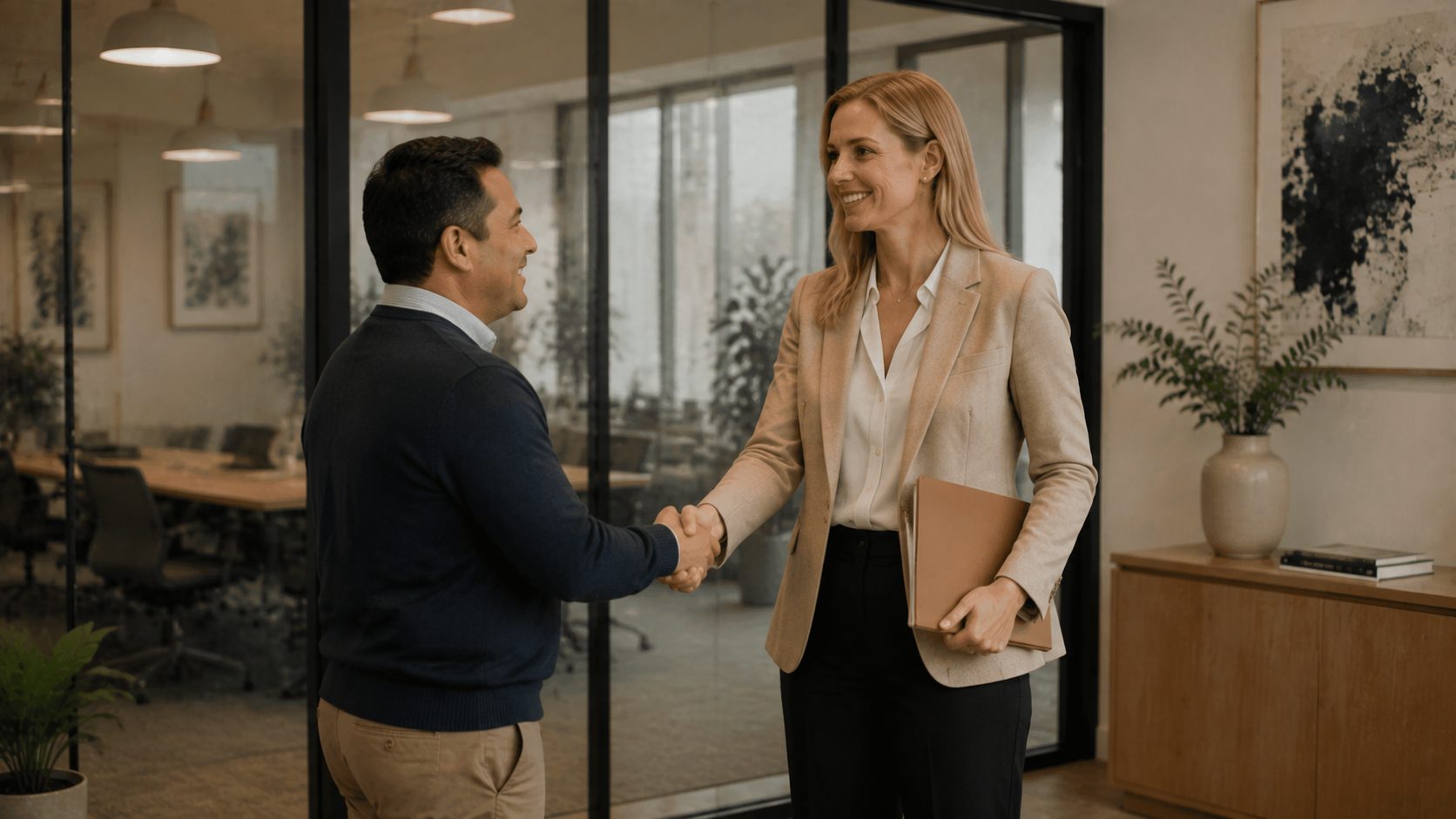 Employer and employee shaking hands at the end of a meeting in an Irish office