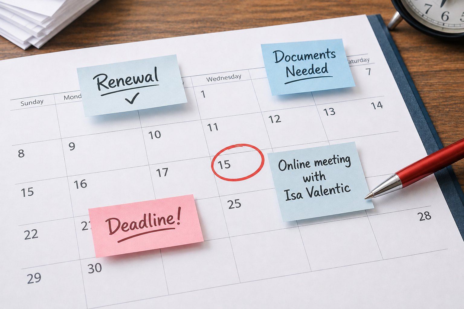 A wall calendar with sticky notes reading Renewal, Documents Needed and Deadline